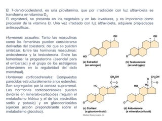 Hormonas sexuales: Tanto las masculinas
como las femeninas pueden considerarse
derivadas del colesterol, del que se pueden
sintetizar. Entre las hormonas masculinas:
androsterona y la testosterona. Entre las
femeninas: la progesterona (esencial para
el embarazo) y el grupo de los estrógenos
(intervienen en la regularidad del ciclo
menstrual).
Hormonas corticoadrenales: Compuestos
parecidos estructuralemente a los esteroles.
Son segregados por la corteza suprarrenal.
Las hormonas corticoadrenales pueden
dividirse en mineralo-corticoides (regulan el
metabolismo hídrico y el de los electrolitos
sodio y potasio) y en glucocorticoides
(ejercen acción preponderante sobre el
metabolismo glúcidico).
El 7-dehidrocolesterol, es una provitamina, que por irradiación con luz ultravioleta se
transforma en vitamina D3.
El ergosterol, se presenta en los vegetales y en las levaduras, y es importante como
precursor de la vitamina D. Una vez irradiado con luz ultravioleta, adquiere propiedades
antirraquíticas.
 