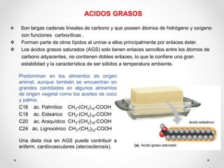 (a) Acido graso saturado
ácido esteárico
ACIDOS GRASOS
❖ Son largas cadenas lineales de carbono y que poseen átomos de hidrógeno y oxígeno
con funciones carboxílicas .
❖ Forman parte de otros lípidos al unirse a ellos principalmente por enlaces éster.
❖ Los ácidos grasos saturados (AGS) solo tienen enlaces sencillos entre los átomos de
carbono adyacentes, no contienen dobles enlaces, lo que le confiere una gran
estabilidad y la característica de ser sólidos a temperatura ambiente.
Predominan en los alimentos de origen
animal, aunque también se encuentran en
grandes cantidades en algunos alimentos
de origen vegetal como los aceites de coco
y palma.
C16 ác. Palmítico CH3-(CH2)14-COOH
C18 ác. Esteárico CH3-(CH2)16-COOH
C20 ác. Araquídico CH3-(CH2)18-COOH
C24 ác. Lignocérico CH3-(CH2)22-COOH
Una dieta rica en AGS puede contribuir a
enferm. cardiovasculares (aterosclerosis).
 