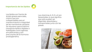 Importancia de los lípidos
Los lípidos son fuente de
ácidos grasos esenciales,
mismo que son
indispensables para el
mantenimiento e integridad
de las membranas celulares.
Se requieren para el óptimo
transporte lipídico (ligados a
fosfolípidos como agentes
emulsiﬁcantes) y son
precursores de la hormona
prostaglandina.
Las vitaminas A, D, E y K son
liposolubles, lo que signiﬁca
que solo pueden ser
digeridas, absorbidas y
transportadas junto con las
grasas.
3
 