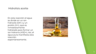 Hidrolisis aceite
En esta reacción el agua
se divide en un ion
hidroxilo (OH–) y un
protón (H+), que es
inmediatamente
hidratado para formar un
ion hidronio (H3O+). Así, el
agua pura maniﬁesta esta
reacción
espontáneamente.
4
 