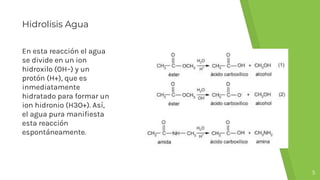 Hidrolisis Agua
En esta reacción el agua
se divide en un ion
hidroxilo (OH–) y un
protón (H+), que es
inmediatamente
hidratado para formar un
ion hidronio (H3O+). Así,
el agua pura maniﬁesta
esta reacción
espontáneamente.
5
 