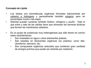 Concepto de Lípido
• Los lípidos son biomoléculas orgánicas formadas básicamente por
carbono e hidrógeno y generalmente también oxígeno; pero en
porcentajes mucho más bajos.
• Además pueden contener también fósforo, nitrógeno y azufre . Todo lo
que entra y sale de las células tiene que atravesar las barreras lipídicas
que forman las membranas celulares.
• Es un grupo de sustancias muy heterogéneas que sólo tienen en común
estas características:
• Son insolubles en agua u otros disolventes polares.
• Son solubles en disolventes orgánicos (no polares), como éter,
cloroformo, benceno, etc.
• Son compuestos orgánicos reducidos que contienen gran cantidad
de energía química que puede ser extraída por oxidación.
3
 