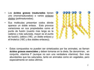 • Los ácidos grasos insaturados tienen
uno (monoinsaturados) o varios enlaces
dobles (poliinsaturados).
• Sus moléculas presentan codos dónde
aparece un doble enlace. Esto provoca
variaciones en sus propiedades como el
punto de fusión (cuanto mas larga es la
cadena y más saturada, mayor es el punto
de fusión). (oléico (18C, un doble enlace) y
el linoleíco (18C y dos dobles enlaces)).
• Estos compuestos no pueden ser sintetizados por los animales, se llaman
ácidos grasos esenciales y deben tomarse en la dieta. Se denominan, en
conjunto, vitamina F (aunque no son una verdadera vitamina). Son mas
abundantes que los saturados, tanto en animales como en vegetales, pero
especialmente en estos últimos.
7
 