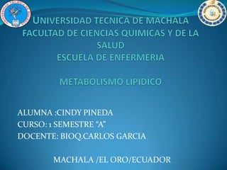 ALUMNA :CINDY PINEDA
CURSO: 1 SEMESTRE “A”
DOCENTE: BIOQ.CARLOS GARCIA
MACHALA /EL ORO/ECUADOR

 