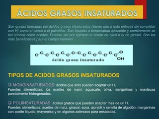 Son grasas formadas por ácidos grasos insaturados (tienen uno o más enlaces sin completar
con H) como el oleico o el palmítico. Son líquidas a temperatura ambiente y comúnmente se
les conoce como aceites. Pueden ser por ejemplo el aceite de oliva o el de girasol. Son las
más beneficiosas para el cuerpo humano.

TIPOS DE ACIDOS GRASOS INSATURADOS
 MONOINSATURADOS: ácidos que solo pueden aceptar un H.
Fuentes alimenticias: los aceites de maní, aguacate, oliva, margarinas y mantecas
parcialmente hidrogenadas.

 POLIINSATURADAS: ácidos grasos que pueden aceptar mas de un H.
Fuentes alimenticias: aceites de maíz, girasol, soya, ajonjolí y semilla de algodón, margarinas
con aceite liquido, mayonesa y en algunos aderezos para ensaladas.

 