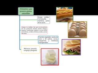 Alimentos que
poseen grasas
saturadas
Grasas visibles:
mantequilla,
manteca, grasa
de la carne.
Grasas no visibles: las que se encuentran
en los productos lácteos (leche integra,
quesos, mantecado, yogurt), y en la carne
animal (res, cordero, ternera, cerdo y carne
de aves).

Fuentes vegetales: aceite de
coco y de palma, cocoa,
margarinas y mantecas
hidrogenadas.

Mariscos: camarón,
cangrejo y langosta.

 