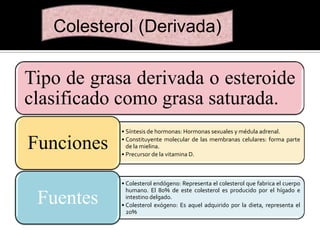 Colesterol (Derivada)

Tipo de grasa derivada o esteroide
clasificado como grasa saturada.
Funciones

• Síntesis de hormonas: Hormonas sexuales y médula adrenal.
• Constituyente molecular de las membranas celulares: forma parte
de la mielina.
• Precursor de la vitamina D.

Fuentes

• Colesterol endógeno: Representa el colesterol que fabrica el cuerpo
humano. El 80% de este colesterol es producido por el hígado e
intestino delgado.
• Colesterol exógeno: Es aquel adquirido por la dieta, representa el
20%

 
