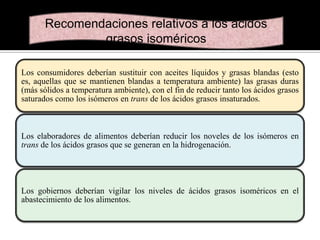 Recomendaciones relativos a los ácidos
grasos isoméricos
Los consumidores deberían sustituir con aceites líquidos y grasas blandas (esto
es, aquellas que se mantienen blandas a temperatura ambiente) las grasas duras
(más sólidos a temperatura ambiente), con el fin de reducir tanto los ácidos grasos
saturados como los isómeros en trans de los ácidos grasos insaturados.

Los elaboradores de alimentos deberían reducir los noveles de los isómeros en
trans de los ácidos grasos que se generan en la hidrogenación.

Los gobiernos deberían vigilar los niveles de ácidos grasos isoméricos en el
abastecimiento de los alimentos.

 