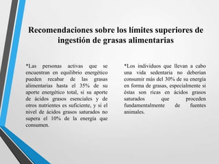 Recomendaciones sobre los límites superiores de
ingestión de grasas alimentarias
*Las personas activas que se
encuentran en equilibrio energético
pueden recabar de las grasas
alimentarias hasta el 35% de su
aporte energético total, si su aporte
de ácidos grasos esenciales y de
otros nutrientes es suficiente, y si el
nivel de ácidos grasos saturados no
supera el 10% de la energía que
consumen.

*Los individuos que llevan a cabo
una vida sedentaria no deberían
consumir más del 30% de su energía
en forma de grasas, especialmente si
éstas son ricas en ácidos grasos
saturados
que
proceden
fundamentalmente
de
fuentes
animales.

 