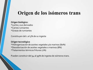 Origen de los isómeros trans
Origen biológico:
*Leche y sus derivados
*Carnes rumiantes
*Grasas de rumiantes
Constituyen del 1 al 5% de su ingesta
Origen tecnológico
*Hidrogenización de aceites vegetales y/o marinos (80%)
*Desodorización de aceites vegetales o marinos (8%)
*Tratamientos térmicos frituras (2%)
Pueden constituir del 94 al 99% de ingesta de isómeros trans.

 