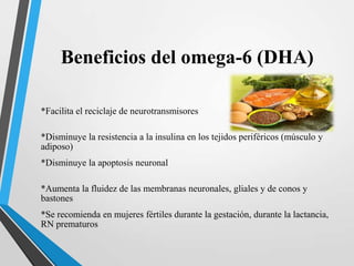 Beneficios del omega-6 (DHA)
*Facilita el reciclaje de neurotransmisores
*Disminuye la resistencia a la insulina en los tejidos periféricos (músculo y
adiposo)
*Disminuye la apoptosis neuronal
*Aumenta la fluidez de las membranas neuronales, gliales y de conos y
bastones
*Se recomienda en mujeres fértiles durante la gestación, durante la lactancia,
RN prematuros

 