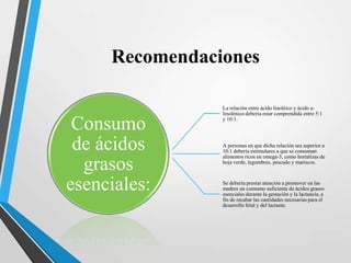 Recomendaciones

Consumo
de ácidos
grasos
esenciales:

La relación entre ácido linoléico y ácido alinolénico debería estar comprendida entre 5:1
y 10:1.

A personas en que dicha relación sea superior a
10:1 debería estimulares a que se consuman
alimentos ricos en omega-3, como hortalizas de
hoja verde, legumbres, pescado y mariscos.

Se debería prestar atención a promover en las
madres un consumo suficiente de ácidos grasos
esenciales durante la gestación y la lactancia, a
fin de recabar las cantidades necesarias para el
desarrollo fetal y del lactante.

 