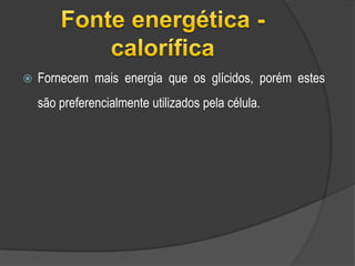 Lípidos complexosPodem ter moléculas de ácidos gordos e glicerol e também moléculas não lípidicas (ex: acido fosfórico e átomos de enxofre (S). )Lípido complexo: fosfolípido – existente na membrana celular