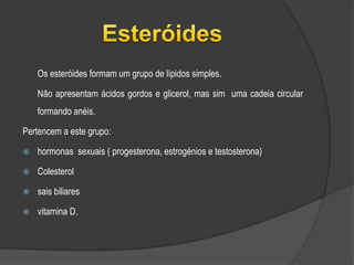  Lípidos complexosÁcidos gordosOs ácidos gordos são constituídos por longas cadeias hidrocarbonadas (14 a 22 átomos de carbono) que possuem numa das extremidades um grupo carboxilo  (- COOH) e noutra um grupo metilo (-CH3).Dois ácidos gordos diferentes.