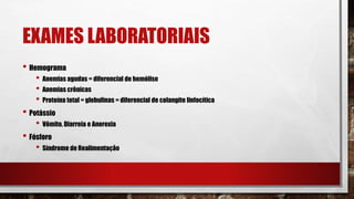 EXAMES LABORATORIAIS
• Hemograma
• Anemias agudas = diferencial de hemólise
• Anemias crônicas
• Proteína total = globulinas = diferencial de colangite linfocítica
• Potássio
• Vômito, Diarreia e Anorexia
• Fósforo
• Síndrome de Realimentação
 