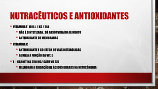 NUTRACÊUTICOS E ANTIOXIDANTES
• VITAMINA E 10 U.I. / KG / DIA
• NÃO É SINTETIZADA , SÓ ABSORVIDA DO ALIMENTO
• ANTIOXIDANTE DE MEMBRANAS
• VITAMINA C
• ANTIOXIDANTE E CO-FATOR DE VIAS METABÓLICAS
• AUXILIA A FUNÇÃO DA VIT. E
• L – CARNITINA 250 MG/ GATO VO SID
• MELHORAR A OXIDAÇÃO DE ÁCIDOS GRAXOS NA MITOCÔNDRIA
 