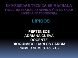 UNIVERSIDAD TECNICA DE MACHALA
FACULTAD DE CIENCIAS QUIMICA Y DE LA SALUD
ESCUELA DE ENFERMERIA

LIPIDOS
PERTENECE
ADRIANA CUEVA
DOCENTE
BIOQUIMICO. CARLOS GARCIA
PRIMER SEMESTRE «C»

 