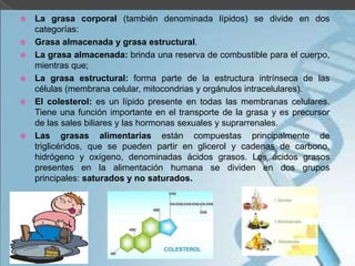 







La grasa corporal (también denominada lípidos) se divide en dos
categorías:
Grasa almacenada y grasa estructural.
La grasa almacenada: brinda una reserva de combustible para el cuerpo,
mientras que;
La grasa estructural: forma parte de la estructura intrínseca de las
células (membrana celular, mitocondrias y orgánulos intracelulares).
El colesterol: es un lípido presente en todas las membranas celulares.
Tiene una función importante en el transporte de la grasa y es precursor
de las sales biliares y las hormonas sexuales y suprarrenales.
Las grasas alimentarias están compuestas principalmente de
triglicéridos, que se pueden partir en glicerol y cadenas de carbono,
hidrógeno y oxígeno, denominadas ácidos grasos. Los ácidos grasos
presentes en la alimentación humana se dividen en dos grupos
principales: saturados y no saturados.

 