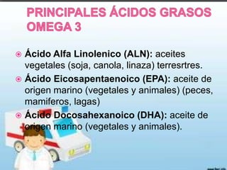 Ácido Alfa Linolenico (ALN): aceites
vegetales (soja, canola, linaza) terresrtres.
 Ácido Eicosapentaenoico (EPA): aceite de
origen marino (vegetales y animales) (peces,
mamiferos, lagas)
 Ácido Docosahexanoico (DHA): aceite de
origen marino (vegetales y animales).


 