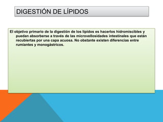 DIGESTIÓN DE LÍPIDOS
El objetivo primario de la digestión de los lípidos es hacerlos hidromiscibles y
puedan absorberse a través de las microvellosidades intestinales que están
recubiertas por una capa acuosa. No obstante existen diferencias entre
rumiantes y monogástricos.

 