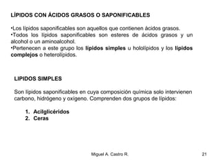 LÍPIDOS CON ÁCIDOS GRASOS O SAPONIFICABLES
•Los lípidos saponificables son aquellos que contienen ácidos grasos.
•Todos los lípidos saponificables son esteres de ácidos grasos y un
alcohol o un aminoalcohol.
•Pertenecen a este grupo los lípidos simples u hololípidos y los lípidos
complejos o heterolípidos.
LIPIDOS SIMPLES
Son lípidos saponificables en cuya composición química solo intervienen
carbono, hidrógeno y oxígeno. Comprenden dos grupos de lípidos:
1. Acilglicéridos
2. Ceras
21Miguel A. Castro R.
 