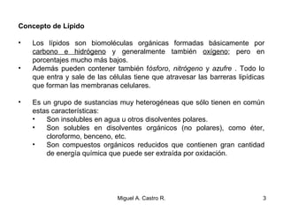 Concepto de Lípido
• Los lípidos son biomoléculas orgánicas formadas básicamente por
carbono e hidrógeno y generalmente también oxígeno; pero en
porcentajes mucho más bajos.
• Además pueden contener también fósforo, nitrógeno y azufre . Todo lo
que entra y sale de las células tiene que atravesar las barreras lipídicas
que forman las membranas celulares.
• Es un grupo de sustancias muy heterogéneas que sólo tienen en común
estas características:
• Son insolubles en agua u otros disolventes polares.
• Son solubles en disolventes orgánicos (no polares), como éter,
cloroformo, benceno, etc.
• Son compuestos orgánicos reducidos que contienen gran cantidad
de energía química que puede ser extraída por oxidación.
3Miguel A. Castro R.
 