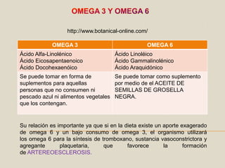 OMEGA 3 Y OMEGA 6http://www.botanical-online.com/Su relación es importante ya que si en la dieta existe un aporte exagerado de omega 6 y un bajo consumo de omega 3, el organismo utilizará los omega 6 para la síntesis de tromboxano, sustancia vasoconstrictora y agreganteplaquetaria, que favorece la formación de ARTEREOESCLEROSIS.