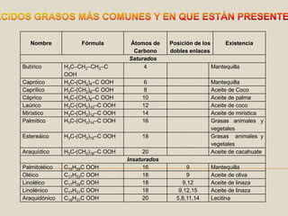 ÁCIDOS GRASOS MÁS COMUNES Y EN QUE ESTÁN PRESENTES
