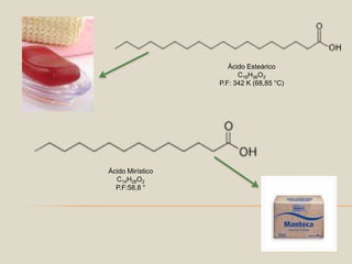 Ácido EsteáricoC18H36O2P.F: 342 K (68,85 °C)Ácido MirísticoC14H28O2P.F:58,8 °