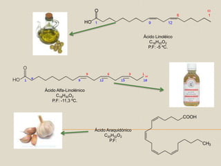 Ácido LinoléicoC18H32O2P.F: -5 ºC.Ácido Alfa-LinolénicoC18H30O2P.F: -11,3 ºC.Ácido AraquidónicoC20H32O2P.F: 