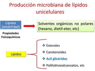 Lípidos
(solubilidad)
Solventes orgánicos no polares
(hexano, dietil-eter, etc)
Propiedades
Fisicoquímicas
 Esteroles
 Carotenoides
 Acil glicéridos
 Polihidroxialcanoatos, etc
Lípidos
Producción microbiana de lípidos
unicelulares
 
