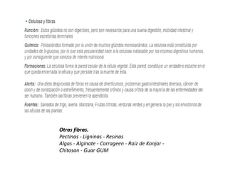 Otras fibras.
Pectinas - Ligninas - Resinas
Algas - Alginate - Carrageen - Raiz de Konjar -
Chitosan - Guar GUM
 