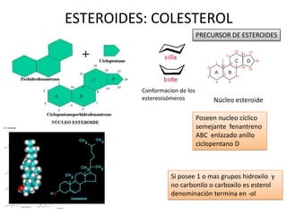 ESTEROIDES: COLESTEROL
PRECURSOR DE ESTEROIDES
Poseen nucleo cíclico
semejante fenantreno
ABC enlazado anillo
ciclopentano D
Núcleo esteroide
Si posee 1 o mas grupos hidroxilo y
no carbonilo o carboxilo es esterol
denominación termina en -ol
Conformacion de los
estereoisómeros
 