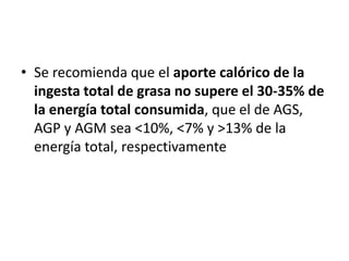 • Se recomienda que el aporte calórico de la
ingesta total de grasa no supere el 30-35% de
la energía total consumida, que el de AGS,
AGP y AGM sea <10%, <7% y >13% de la
energía total, respectivamente
 