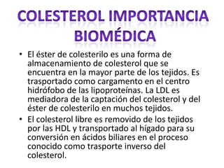 • El éster de colesterilo es una forma de
almacenamiento de colesterol que se
encuentra en la mayor parte de los tejidos. Es
trasportado como cargamento en el centro
hidrófobo de las lipoproteínas. La LDL es
mediadora de la captación del colesterol y del
éster de colesterilo en muchos tejidos.
• El colesterol libre es removido de los tejidos
por las HDL y transportado al hígado para su
conversión en ácidos biliares en el proceso
conocido como trasporte inverso del
colesterol.
 