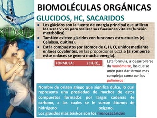 GLUCIDOS, HC, SACARIDOS
 Los glúcidos son la fuente de energía principal que utilizan
los seres vivos para realizar sus funciones vitales.(función
metabólica)
 También existen glúcidos con funciones estructurales (ej.
Celulosa, quitina).
 Están compuestos por átomos de C, H, O, unidos mediante
enlaces covalentes, en las proporciones 6:12:6 (al romperse
estos enlaces se genera mucha energía).
BIOMOLÉCULAS ORGÁNICAS
Nombre de origen griego que significa dulce, lo cual
representa una propiedad de muchos de estos
compuestos formados por largas cadenas de
carbono, a las cuales se le suman átomos de
hidrógeno y oxigeno.
Los glúcidos mas básicos son los monosacáridos
FORMULA: (CH2O)n
Esta formula, al desarrollarse
da monómeros, los que se
unen para dar formas mas
complejas como son los
polímeros
 