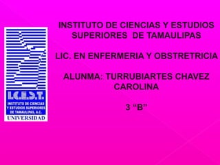 INSTITUTO DE CIENCIAS Y ESTUDIOS
SUPERIORES DE TAMAULIPAS
LIC. EN ENFERMERIA Y OBSTRETRICIA
ALUNMA: TURRUBIARTES CHAVEZ
CAROLINA
3 “B”
 