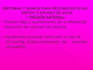 SÍNTOMAS Y SIGNOS PARA RECONOCER SI HAY
DEFICIT O EXCESO DE AGUA
1.PRESIÓN ARTERIAL:
• Presión baja o acortamiento de la diferencial:
reducción de volumen del plasma.
• Hipotensión postural: reducción a más de
20 mm/Hg. Indica contracción del volumen
circulatorio.
 