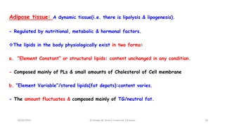 Adipose tissue: A dynamic tissue(i.e. there is lipolysis & lipogenesis).
- Regulated by nutritional, metabolic & hormonal factors.
The lipids in the body physiologically exist in two forms:
a. “Element Constant” or structural lipids: content unchanged in any condition.
- Composed mainly of PLs & small amounts of Cholesterol of Cell membrane
b. “Element Variable”/stored lipids(fat depots):content varies.
- The amount fluctuates & composed mainly of TG/neutral fat.
18/03/2024 18
Dr.Tesaka W, Jimma University, Ethioipia
 