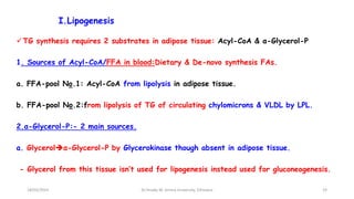 I.Lipogenesis
TG synthesis requires 2 substrates in adipose tissue: Acyl-CoA & α-Glycerol-P
1. Sources of Acyl-CoA/FFA in blood:Dietary & De-novo synthesis FAs.
a. FFA-pool No.1: Acyl-CoA from lipolysis in adipose tissue.
b. FFA-pool No.2:from lipolysis of TG of circulating chylomicrons & VLDL by LPL.
2.α-Glycerol-P:- 2 main sources.
a. Glycerolα-Glycerol-P by Glycerokinase though absent in adipose tissue.
- Glycerol from this tissue isn’t used for lipogenesis instead used for gluconeogenesis.
18/03/2024 19
Dr.Tesaka W, Jimma University, Ethioipia
 