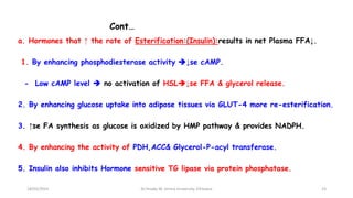 Cont…
a. Hormones that ↑ the rate of Esterification:(Insulin):results in net Plasma FFA↓.
1. By enhancing phosphodiesterase activity ↓se cAMP.
- Low cAMP level  no activation of HSL↓se FFA & glycerol release.
2. By enhancing glucose uptake into adipose tissues via GLUT-4 more re-esterification.
3. ↑se FA synthesis as glucose is oxidized by HMP pathway & provides NADPH.
4. By enhancing the activity of PDH,ACC& Glycerol-P-acyl transferase.
5. Insulin also inhibits Hormone sensitive TG lipase via protein phosphatase.
18/03/2024 23
Dr.Tesaka W, Jimma University, Ethioipia
 