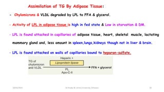 Assimilation of TG By Adipose Tissue:
- Chylomicrons & VLDL degraded by LPL to FFA & glycerol.
- Activity of LPL in adipose tissue is high in fed state & Low in starvation & DM.
- LPL is found attached in capillaries of adipose tissue, heart, skeletal muscle, lactating
mammary gland and, less amount in spleen,lungs,kidneys though not in liver & brain.
- LPL is found attached on walls of capillaries bound to heparan-sulfate.
18/03/2024 28
Dr.Tesaka W, Jimma University, Ethioipia
 