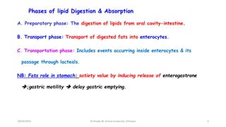 Phases of lipid Digestion & Absorption
A. Preparatory phase: The digestion of lipids from oral cavity-intestine.
B. Transport phase: Transport of digested fats into enterocytes.
C. Transportation phase: Includes events occurring inside enterocytes & its
passage through lacteals.
NB: Fats role in stomach: satiety value by inducing release of enterogastrone
↓gastric motility  delay gastric emptying.
18/03/2024 3
Dr.Tesaka W, Jimma University, Ethioipia
 