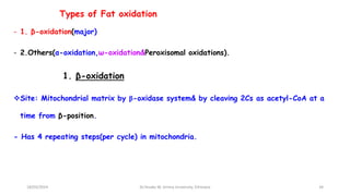 Types of Fat oxidation
- 1. β-oxidation(major)
- 2.Others(α-oxidation,ω-oxidation&Peroxisomal oxidations).
1. β-oxidation
Site: Mitochondrial matrix by β-oxidase system& by cleaving 2Cs as acetyl-CoA at a
time from β-position.
- Has 4 repeating steps(per cycle) in mitochondria.
18/03/2024 34
Dr.Tesaka W, Jimma University, Ethioipia
 