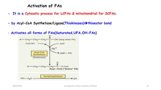 Activation of FAs
- It is a Cytosolic process for LCFAs & mitochondrial for SCFAs.
- by Acyl-CoA Synthetase/Ligase(Thiokinases)thioester bond
- Activates all forms of FAs(Saturated,UFA,OH-FAs)
18/03/2024 35
Dr.Tesaka W, Jimma University, Ethioipia
 
