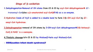 Steps of β-oxidation
1.Dehydrogenation:Removal of 2H atoms from C2 & C3 by acyl-CoA dehydrogenase Δ2-
transenoyl-CoA(also α,β-unsaturated acyl-CoA)&FAD as a co-enzyme.
2.Hydration:1mole of H2O is added to z double bond to form 3/β-OH acyl-CoA by Δ2-
enoyl-CoA hydratase.
3.Dehydrogenation:removal of 2H atoms by 3–OH–acyl-CoA dehydrogenase3/β-ketoacyl-
CoA) & NAD+ is a coenzyme.
4.Thiolytic cleavage:b/n C2 & C3 by thiolase(3–keto acyl thiolase)+CoA.
- SIDS(sudden infant death syndrome)?
18/03/2024 37
Dr.Tesaka W, Jimma University, Ethioipia
 