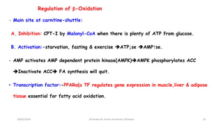 Regulation of β-Oxidation
- Main site at carnitine-shuttle:
A. Inhibition: CPT-I by Malonyl-CoA when there is plenty of ATP from glucose.
B. Activation:-starvation, fasting & exercise ATP↓se AMP↑se.
- AMP activates AMP dependent protein kinase(AMPK)AMPK phosphorylates ACC
Inactivate ACC FA synthesis will quit.
• Transcription factor:-PPARα(a TF regulates gene expression in muscle,liver & adipose
tissue essential for fatty acid oxidation.
18/03/2024 41
Dr.Tesaka W, Jimma University, Ethioipia
 