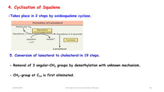 4. Cyclisation of Squalene
-Takes place in 2 steps by oxidosqualene cyclase.
5. Conversion of lanosterol to cholesterol:in 19 steps.
- Removal of 3 angular–CH3 groups by demethylation with unknown mechanism.
- CH3-group at C14 is first eliminated.
66
18/03/2024 Dr.Tesaka W, Jimma University, Ethioipia
 