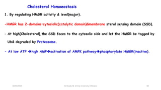 Cholesterol Homoeostasis
1. By regulating HMGR activity & level(major).
-HMGR has 2-domains:cytoslolic(catalytic domain)&membrane sterol sensing domain (SSD).
- At high[Cholesterol],the SSD faces to the cytosolic side and let the HMGR be tagged by
Ub& degraded by Proteosome.
- At low ATP high AMPactivation of AMPK pathwayphosphorylate HMGR(inactive).
68
18/03/2024 Dr.Tesaka W, Jimma University, Ethioipia
 