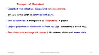 Transport of Cholesterol
- Absorbed from intestine, incorporated into chylomicrons.
- 80-90% in the lymph is esterified with LCFA.
- 70% is esterified’ & transported as “lipoproteins” in plasma.
- Largest proportion of cholesterol is found in LDL(B-lipoprotein) & also in HDL.
- Free cholesterol exchange b/n tissues & LPs whereas cholesterol esters don’t.
70
18/03/2024 Dr.Tesaka W, Jimma University, Ethioipia
 
